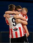 11 May 2025; Derry City players, from left, Keigan Taylor, Conan Norris and Kyle McFaul celebrate after their LOI Cairdeas Cup Festival match between Derry City and Drogheda United at the National Indoor Arena on the Sport Ireland Campus in Dublin. Photo by Stephen McCarthy/Sportsfile
