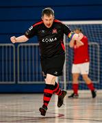 11 May 2025; Jamie Linden of Dundalk celebrates after scoring during the LOI Cairdeas Cup Festival match between Dundalk and Sligo Rovers at the National Indoor Arena on the Sport Ireland Campus in Dublin. Photo by Stephen McCarthy/Sportsfile