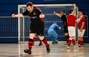 11 May 2025; Jamie Linden of Dundalk celebrates after scoring during the LOI Cairdeas Cup Festival match between Dundalk and Sligo Rovers at the National Indoor Arena on the Sport Ireland Campus in Dublin. Photo by Stephen McCarthy/Sportsfile