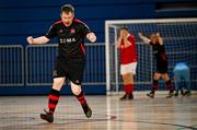 11 May 2025; Jamie Linden of Dundalk celebrates after scoring during the LOI Cairdeas Cup Festival match between Dundalk and Sligo Rovers at the National Indoor Arena on the Sport Ireland Campus in Dublin. Photo by Stephen McCarthy/Sportsfile
