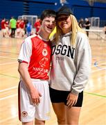11 May 2025; Shelbourne's Amanda McQuillan with her brother Scott who played for St Patrick's Athletic during the LOI Cairdeas Cup Festival the National Indoor Arena on the Sport Ireland Campus in Dublin. Photo by Stephen McCarthy/Sportsfile