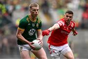11 May 2025; Mathew Costello of Meath in action against Conall McKeever of Louth during the Leinster GAA Football Senior Championship final match between Louth and Meath at Croke Park in Dublin. Photo by Ramsey Cardy/Sportsfile