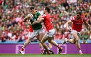 11 May 2025; Donal Keogan of Meath is tackled by Dermot Campbell of Louth during the Leinster GAA Football Senior Championship final match between Louth and Meath at Croke Park in Dublin. Photo by Ramsey Cardy/Sportsfile
