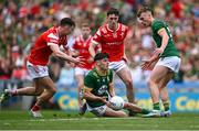 11 May 2025; Brian O'Halloran of Meath, supported by team-mate Ruairí Kinsella, right, in action against Louth players Craig Lennon, left, and Kieran McArdle during the Leinster GAA Football Senior Championship final match between Louth and Meath at Croke Park in Dublin. Photo by Piaras Ó Mídheach/Sportsfile