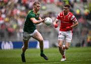 11 May 2025; Mathew Costello of Meath in action against Conall McKeever of Louth during the Leinster GAA Football Senior Championship final match between Louth and Meath at Croke Park in Dublin. Photo by Ramsey Cardy/Sportsfile