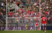 11 May 2025; Sam Mulroy of Louth scores his side's first goal, a penalty, past Meath goalkeeper Billy Hogan during the Leinster GAA Football Senior Championship final match between Louth and Meath at Croke Park in Dublin. Photo by Ramsey Cardy/Sportsfile