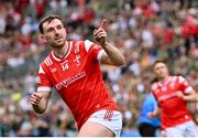 11 May 2025; Sam Mulroy of Louth celebrates scoring his side's first goal, a penalty, during the Leinster GAA Football Senior Championship final match between Louth and Meath at Croke Park in Dublin. Photo by Piaras Ó Mídheach/Sportsfile