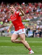 11 May 2025; Sam Mulroy of Louth celebrates scoring his side's first goal, a penalty, during the Leinster GAA Football Senior Championship final match between Louth and Meath at Croke Park in Dublin. Photo by Piaras Ó Mídheach/Sportsfile