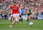 11 May 2025; Sam Mulroy of Louth scores his side's first goal, a penalty, during the Leinster GAA Football Senior Championship final match between Louth and Meath at Croke Park in Dublin. Photo by Piaras Ó Mídheach/Sportsfile