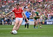 11 May 2025; Sam Mulroy of Louth scores his side's first goal, a penalty, during the Leinster GAA Football Senior Championship final match between Louth and Meath at Croke Park in Dublin. Photo by Piaras Ó Mídheach/Sportsfile