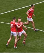 11 May 2025; Ryan Burns, right, celebrates with Louth teammate Ciarán Downey after scoring their side's second goal during the Leinster GAA Football Senior Championship final match between Louth and Meath at Croke Park in Dublin. Photo by Ben McShane/Sportsfile