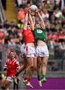 11 May 2025; Tommy Durnin of Louth in action against Bryan Menton and Conor Duke of Meath during the Leinster GAA Football Senior Championship final match between Louth and Meath at Croke Park in Dublin. Photo by Ramsey Cardy/Sportsfile