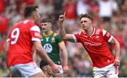 11 May 2025; Ryan Burns of Louth celebrates after scoring his side's second goal during the Leinster GAA Football Senior Championship final match between Louth and Meath at Croke Park in Dublin. Photo by Piaras Ó Mídheach/Sportsfile