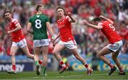 11 May 2025; Ryan Burns of Louth, 15, celebrates after scoring his side's second goal during the Leinster GAA Football Senior Championship final match between Louth and Meath at Croke Park in Dublin. Photo by Piaras Ó Mídheach/Sportsfile Photo by Piaras Ó Mídheach/Sportsfile