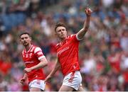 11 May 2025; Ryan Burns of Louth celebrates after scoring his side's second goal during the Leinster GAA Football Senior Championship final match between Louth and Meath at Croke Park in Dublin. Photo by Piaras Ó Mídheach/Sportsfile Photo by Piaras Ó Mídheach/Sportsfile