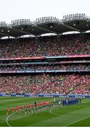 11 May 2025; A general view of the parade before the Leinster GAA Football Senior Championship final match between Louth and Meath at Croke Park in Dublin. Photo by Ramsey Cardy/Sportsfile