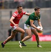 11 May 2025; James Conlon of Meath in action against Andy McDonnell of Louth during the Leinster GAA Football Senior Championship final match between Louth and Meath at Croke Park in Dublin. Photo by Ramsey Cardy/Sportsfile