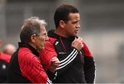 11 May 2025; Louth manager Ger Brennan, right, and selector Dr Niall Moyna during the Leinster GAA Football Senior Championship final match between Louth and Meath at Croke Park in Dublin. Photo by Ramsey Cardy/Sportsfile