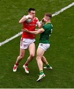 11 May 2025; Tommy Durnin of Louth is tackled by Seán Rafferty of Meath during the Leinster GAA Football Senior Championship final match between Louth and Meath at Croke Park in Dublin. Photo by Ben McShane/Sportsfile
