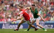 11 May 2025; Ryan Burns of Louth in action against Conor Duke of Meath during the Leinster GAA Football Senior Championship final match between Louth and Meath at Croke Park in Dublin. Photo by Ramsey Cardy/Sportsfile