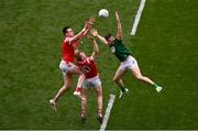11 May 2025; Tommy Durnin, left, and Paul Matthews of Louth contest a high-ball against Conor Duke of Meath during the Leinster GAA Football Senior Championship final match between Louth and Meath at Croke Park in Dublin. Photo by Ben McShane/Sportsfile
