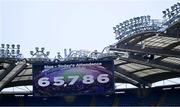 11 May 2025; The official attendance displayed on the big screen at half-time during the Leinster GAA Football Senior Championship final match between Louth and Meath at Croke Park in Dublin. Photo by Piaras Ó Mídheach/Sportsfile