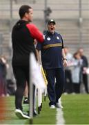 11 May 2025; Meath manager Robbie Brennnan, left, and Louth manager Ger Brennan during the Leinster GAA Football Senior Championship final match between Louth and Meath at Croke Park in Dublin. Photo by Ramsey Cardy/Sportsfile