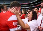 11 May 2025; Sam Mulroy of Louth celebrates with his mother Berni after the Leinster GAA Football Senior Championship final match between Louth and Meath at Croke Park in Dublin. Photo by Ben McShane/Sportsfile