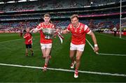 11 May 2025; Peter Lynch, left, and Conor Grimes of Louth celebrate with the Delaney Cup after the Leinster GAA Football Senior Championship final match between Louth and Meath at Croke Park in Dublin. Photo by Ben McShane/Sportsfile