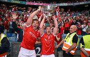 11 May 2025; Conor Grimes, left, and Ciarán Byrne of Louth celebrate with the Delaney Cup after the Leinster GAA Football Senior Championship final match between Louth and Meath at Croke Park in Dublin. Photo by Ben McShane/Sportsfile
