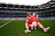 11 May 2025; Conor Grimes of Louth celebrates with his daughter Izzy, aged one, after his side's victory in the Leinster GAA Football Senior Championship final match between Louth and Meath at Croke Park in Dublin. Photo by Ben McShane/Sportsfile