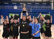 11 May 2025; Dundalk captain Jamie Linden and team-mates celebrate with cup after the LOI Cairdeas Cup Festival at the National Indoor Arena on the Sport Ireland Campus in Dublin. Photo by Stephen McCarthy/Sportsfile