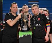 11 May 2025; League of Ireland director Mark Scanlon presented the cup to Dundalk captain Jamie Linden after the LOI Cairdeas Cup Festival at the National Indoor Arena on the Sport Ireland Campus in Dublin. Photo by Stephen McCarthy/Sportsfile