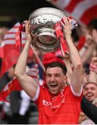 11 May 2025; Louth captain Sam Mulroy lifts the Delaney cup after the Leinster GAA Football Senior Championship final match between Louth and Meath at Croke Park in Dublin. Photo by Ramsey Cardy/Sportsfile