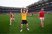 11 May 2025; Louth goalkeeper Niall McDonnell, centre, and Peter Lynch celebrate with the Delaney Cup after the Leinster GAA Football Senior Championship final match between Louth and Meath at Croke Park in Dublin. Photo by Ramsey Cardy/Sportsfile