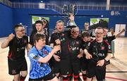 11 May 2025; Dundalk captain Jamie Linden and team-mates celebrate with the cup after the LOI Cairdeas Cup Festival at the National Indoor Arena on the Sport Ireland Campus in Dublin. Photo by Stephen McCarthy/Sportsfile