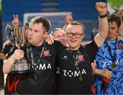 11 May 2025; Dundalk captain Jamie Linden and Micheál McCloy, right, celebrate with the cup after the LOI Cairdeas Cup Festival at the National Indoor Arena on the Sport Ireland Campus in Dublin. Photo by Stephen McCarthy/Sportsfile