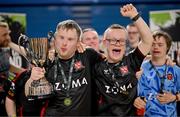 11 May 2025; Dundalk captain Jamie Linden and Micheál McCloy, right, celebrate with the cup after the LOI Cairdeas Cup Festival at the National Indoor Arena on the Sport Ireland Campus in Dublin. Photo by Stephen McCarthy/Sportsfile