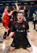 11 May 2025; Dundalk's Jamie Linden celebrates after winning the LOI Cairdeas Cup Festival final match between Dundalk and Finn Harps at the National Indoor Arena on the Sport Ireland Campus in Dublin. Photo by Stephen McCarthy/Sportsfile