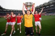 11 May 2025; Louth goalkeeper Niall McDonnell celebrates with the Delaney Cup after the Leinster GAA Football Senior Championship final match between Louth and Meath at Croke Park in Dublin. Photo by Ramsey Cardy/Sportsfile