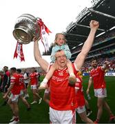 11 May 2025; Bevan Duffy of Louth with his daughter Lydia, age 5, after the Leinster GAA Football Senior Championship final match between Louth and Meath at Croke Park in Dublin. Photo by Ramsey Cardy/Sportsfile