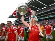 11 May 2025; Bevan Duffy of Louth with his daughter Lydia, age 5, after the Leinster GAA Football Senior Championship final match between Louth and Meath at Croke Park in Dublin. Photo by Ramsey Cardy/Sportsfile