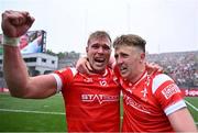 11 May 2025; Louth players Conor Grimes, left, and Ryan Burns celebrate after their side's victory in the Leinster GAA Football Senior Championship final match between Louth and Meath at Croke Park in Dublin. Photo by Piaras Ó Mídheach/Sportsfile