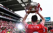 11 May 2025; Tommy Durnin of Louth celebrates with the Delaney Cup after their side's victory in the Leinster GAA Football Senior Championship final match between Louth and Meath at Croke Park in Dublin. Photo by Piaras Ó Mídheach/Sportsfile