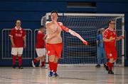 11 May 2025; Shelbourne's Jack Hayden celebrates after scoring a goal during the LOI Cairdeas Cup Festival match between Shelbourne and Sligo Rovers at the National Indoor Arena on the Sport Ireland Campus in Dublin. Photo by Stephen McCarthy/Sportsfile