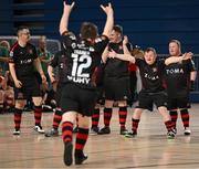 11 May 2025; Dundalk players celebrate after Kevin Trainer, 12, scored during their penalty shoot-out victory in LOI Cairdeas Cup Festival final match between Dundalk and Finn Harps at the National Indoor Arena on the Sport Ireland Campus in Dublin. Photo by Stephen McCarthy/Sportsfile