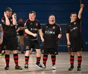 11 May 2025; Dundalk players celebrates during their penalty shoot-out victory in LOI Cairdeas Cup Festival final match between Dundalk and Finn Harps at the National Indoor Arena on the Sport Ireland Campus in Dublin. Photo by Stephen McCarthy/Sportsfile