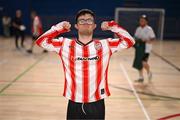 11 May 2025; Derry City's Jordan McElhinney celebrates after their LOI Cairdeas Cup Festival match between Derry City and Drogheda United at the National Indoor Arena on the Sport Ireland Campus in Dublin. Photo by Stephen McCarthy/Sportsfile