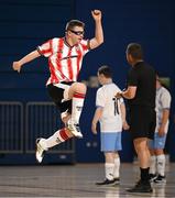 11 May 2025; Conan Norris of Derry City celebrates scoring a goal during the LOI Cairdeas Cup Festival match between Derry City and Waterford at the National Indoor Arena on the Sport Ireland Campus in Dublin. Photo by Stephen McCarthy/Sportsfile