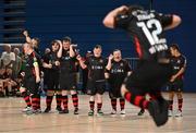 11 May 2025; Dundalk players celebrate after Kevin Trainer, 12, scored during their penalty shoot-out victory in LOI Cairdeas Cup Festival final match between Dundalk and Finn Harps at the National Indoor Arena on the Sport Ireland Campus in Dublin. Photo by Stephen McCarthy/Sportsfile